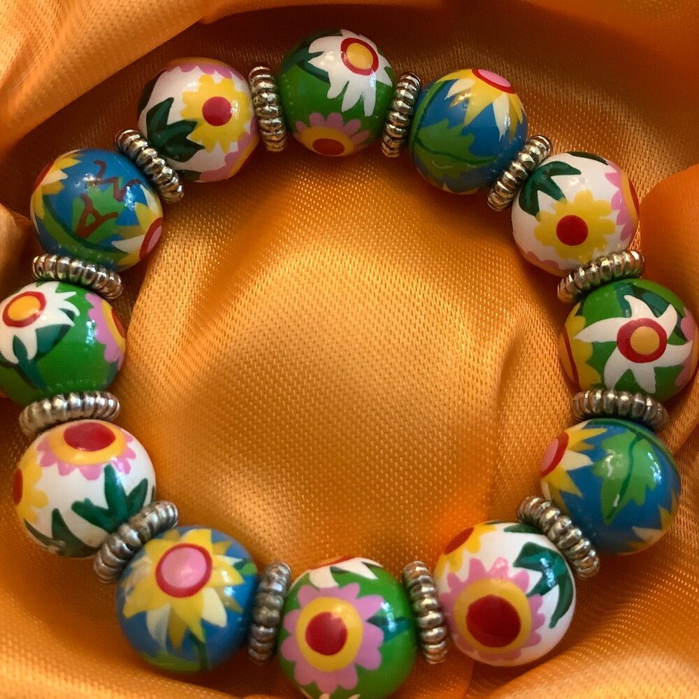 NWOT Angela Moore hand painted sunflowers  green yellow blue Bracelet $65